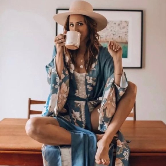 Shop Fig Tops - New Boho Floral Kimono Blue Maxi Duster Cardigan